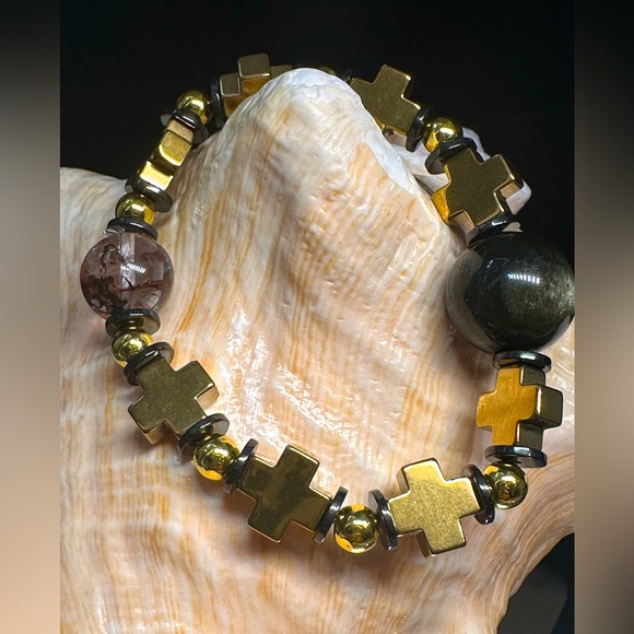 HEMATITE + GOLD OBSIDIAN + PHANTOM NATURAL STONES  BRACELET size 7” - Picture 2 of 15